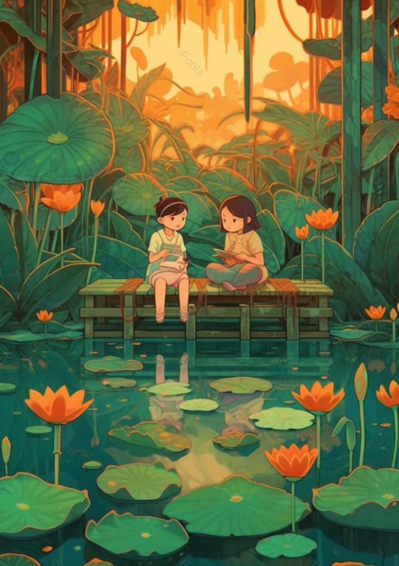 夕阳下孩童荷塘边嘻玩治愈插画绿色背景,插画/手绘图,插画/手绘图库,插画/手绘图下载,插画/手绘